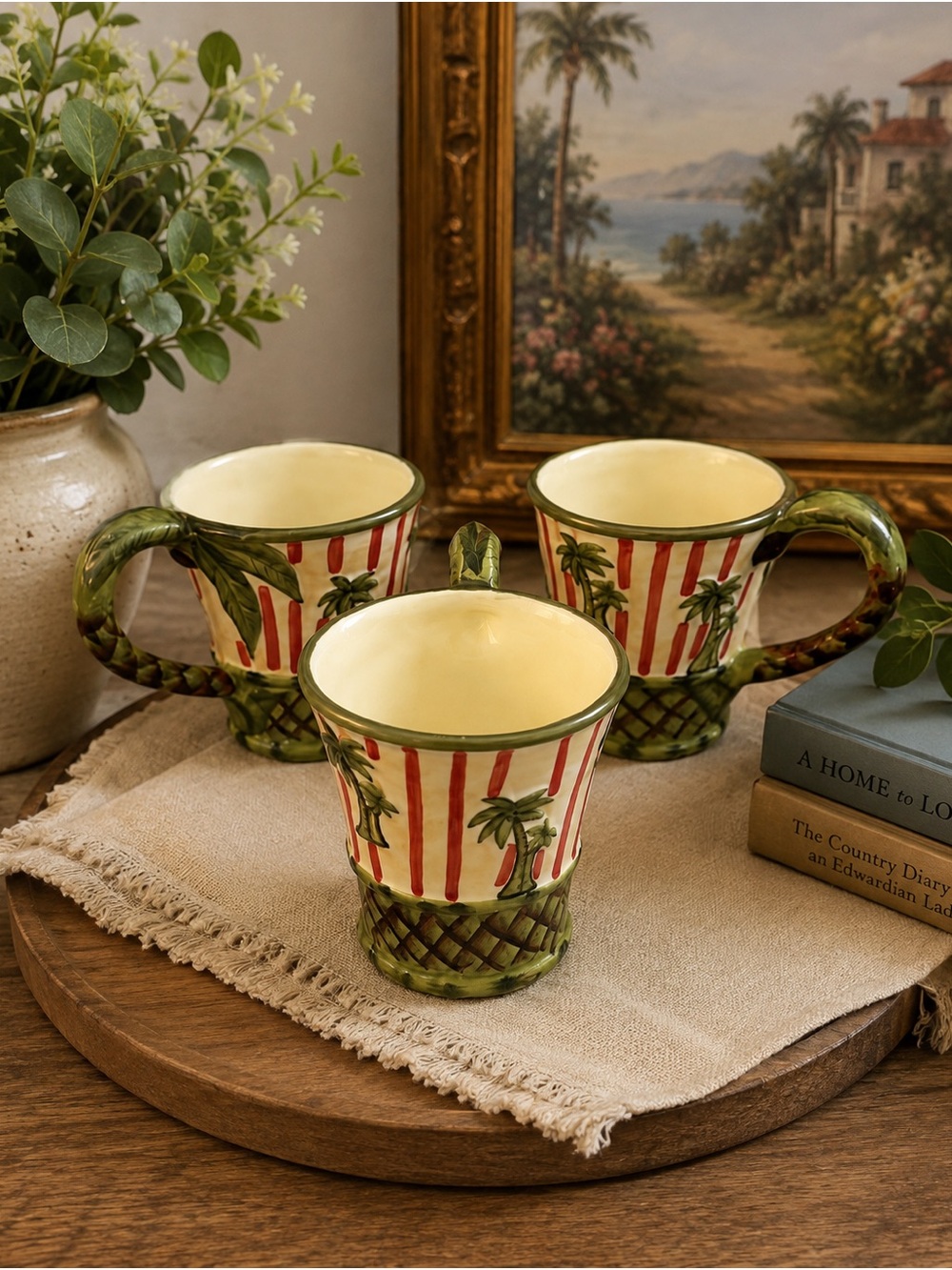Hand-Painted Palm Stripe Ceramic Mugs - Set of 3 (Cream,Green and Red)